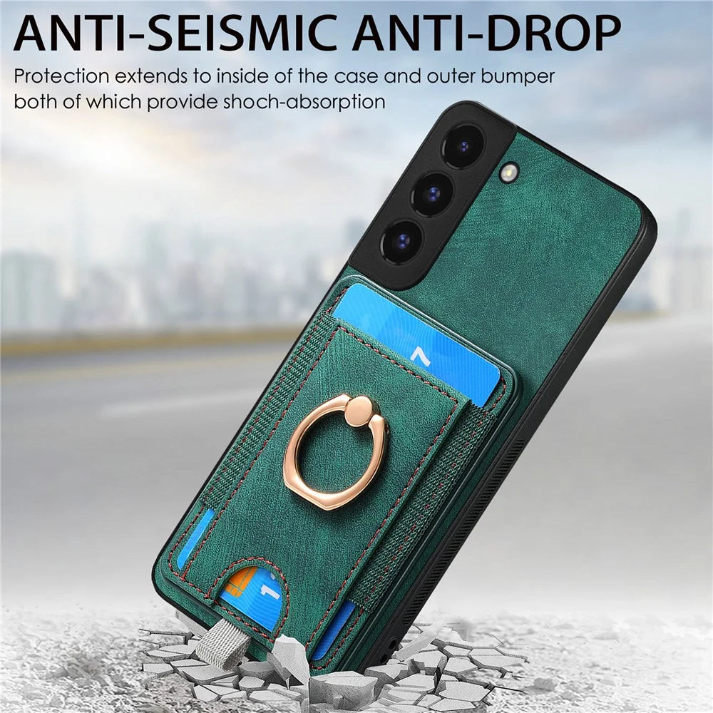 D7 For Samsung Galaxy S22 5G Case Detachable Magnetic Card Slot Kickstand Phone Case - Green - 5