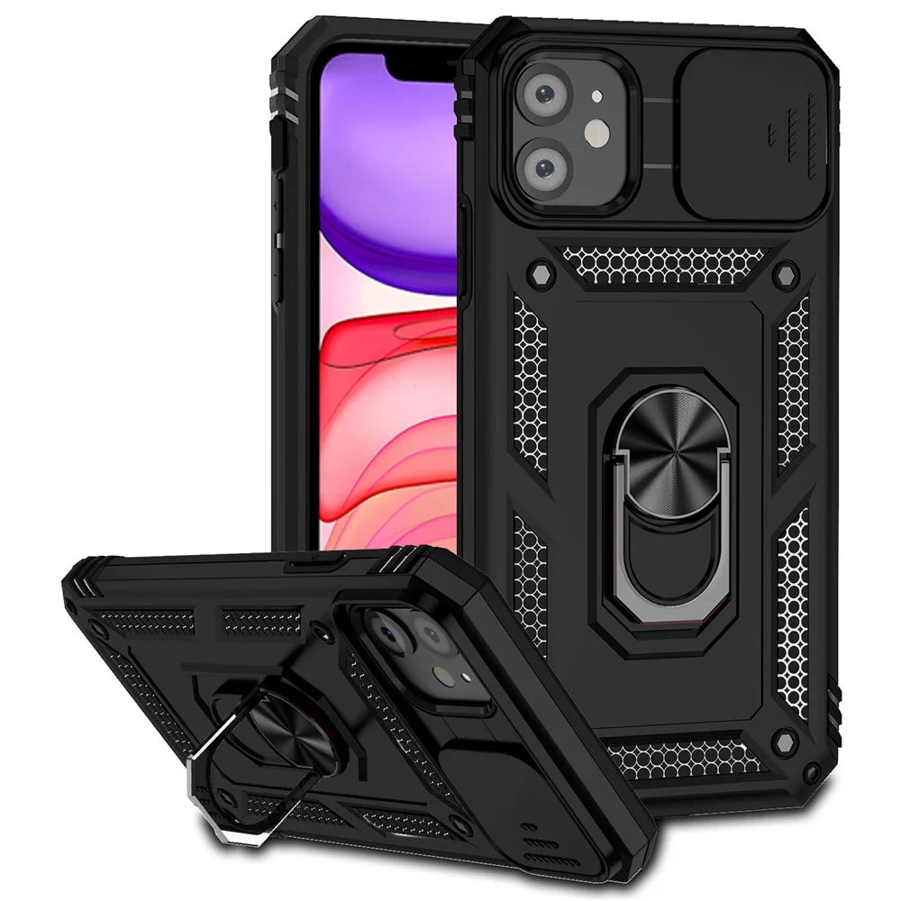 For iPhone 11 Case PC+TPU Kickstand Armour Phone Cover with Camera Slide Guard - Black - 1