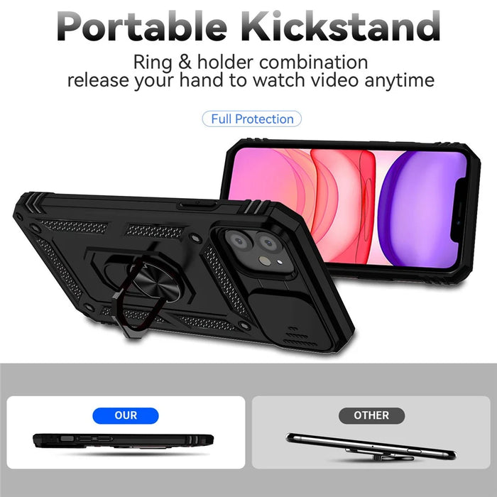 For iPhone 11 Case PC+TPU Kickstand Armour Phone Cover with Camera Slide Guard - Black - 3