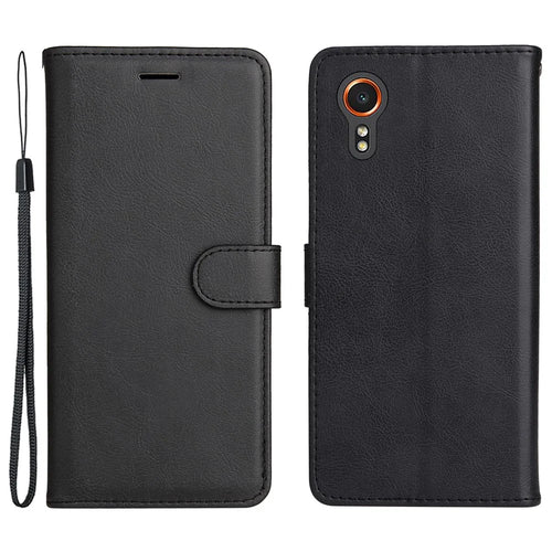 For Samsung Galaxy Xcover7 Case Solid Color Leather Mobile Cover Wallet Stand with Strap - Black - 1