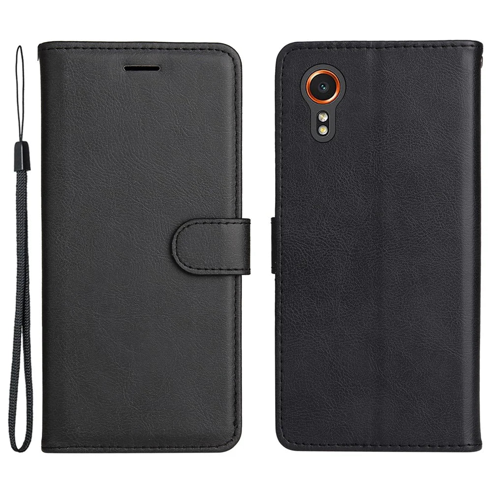 For Samsung Galaxy Xcover7 Case Solid Color Leather Mobile Cover Wallet Stand with Strap - Black - 1