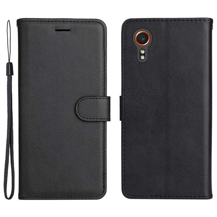 For Samsung Galaxy Xcover7 Case Solid Color Leather Mobile Cover Wallet Stand with Strap - Black - 1