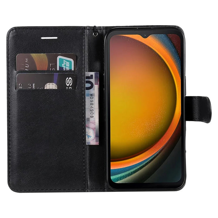 For Samsung Galaxy Xcover7 Case Solid Color Leather Mobile Cover Wallet Stand with Strap - Black - 2