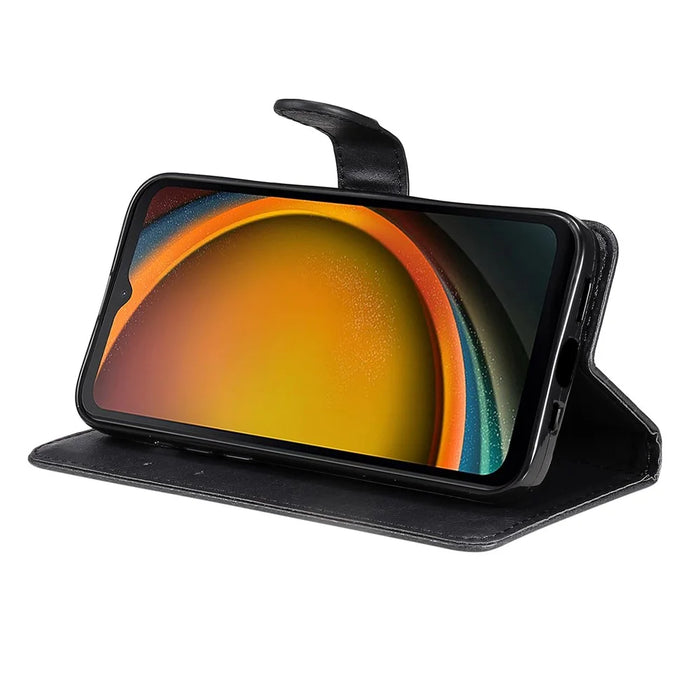 For Samsung Galaxy Xcover7 Case Solid Color Leather Mobile Cover Wallet Stand with Strap - Black - 3
