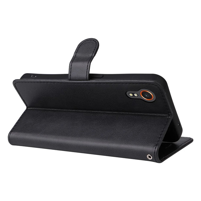 For Samsung Galaxy Xcover7 Case Solid Color Leather Mobile Cover Wallet Stand with Strap - Black - 4