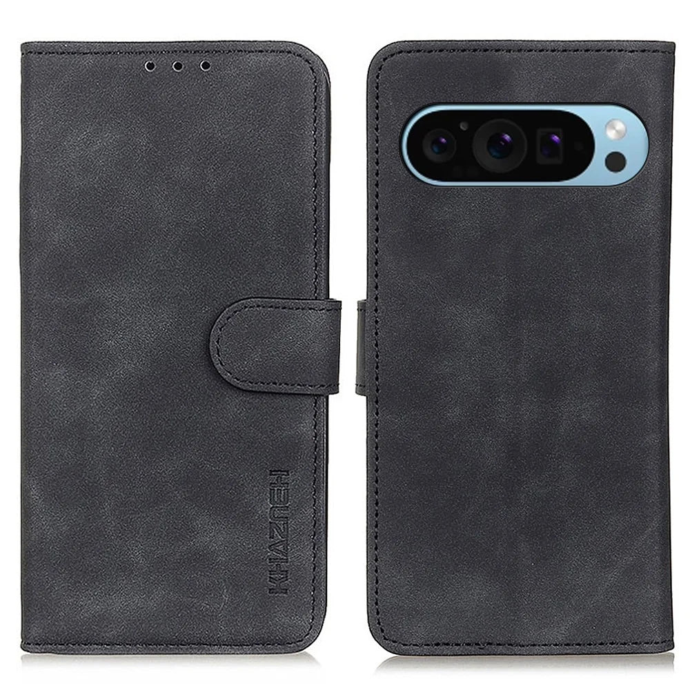 KHAZNEH For Google Pixel 10 Pro / 10 / 9 Pro / 9 Case Retro PU Leather Full Body Shockproof Stand Phone Cover - Black - 1