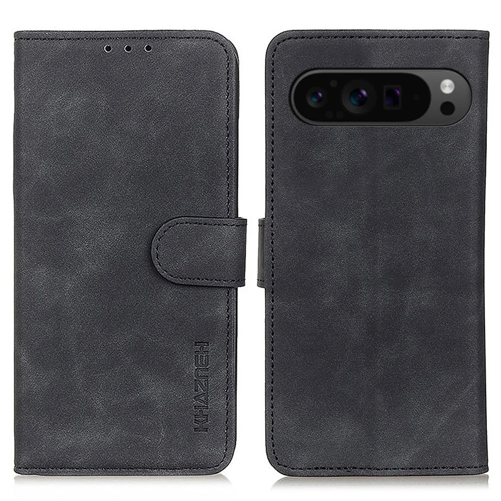 KHAZNEH For Google Pixel 10 Pro XL / 9 Pro XL Case PU Leather Retro Design Wallet Phone Cover - Black - 1