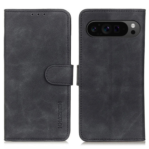 KHAZNEH For Google Pixel 10 Pro XL / 9 Pro XL Case PU Leather Retro Design Wallet Phone Cover - Black - 1