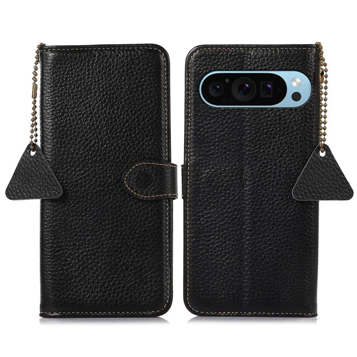 For Google Pixel 10 Pro / 10 / 9 Pro / 9 Wallet Case Genuine Cow Leather RFID Blocking Phone Cover Litchi Texture - Black - 1