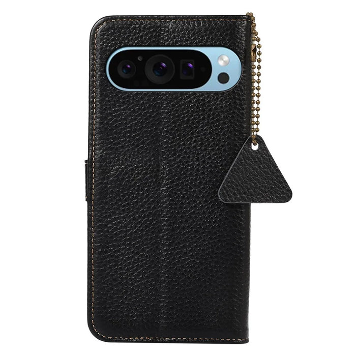 For Google Pixel 10 Pro / 10 / 9 Pro / 9 Wallet Case Genuine Cow Leather RFID Blocking Phone Cover Litchi Texture - Black - 7