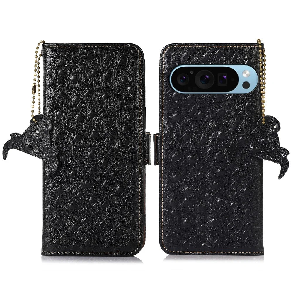 For Google Pixel 10 Pro / 10 / 9 Pro / 9 Case RFID Blocking Genuine Cow Leather Phone Cover - Black - 1