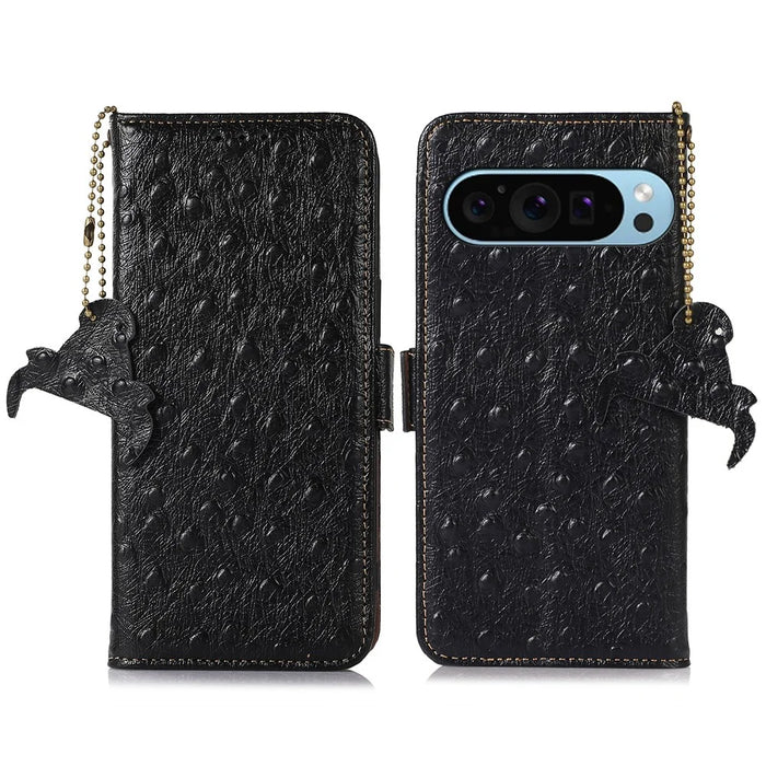 For Google Pixel 10 Pro / 10 / 9 Pro / 9 Case RFID Blocking Genuine Cow Leather Phone Cover - Black - 1