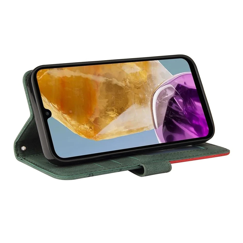 For Samsung Galaxy M15 5G Leather Case Wallet Stand Color Splicing Phone Cover - Green - 3