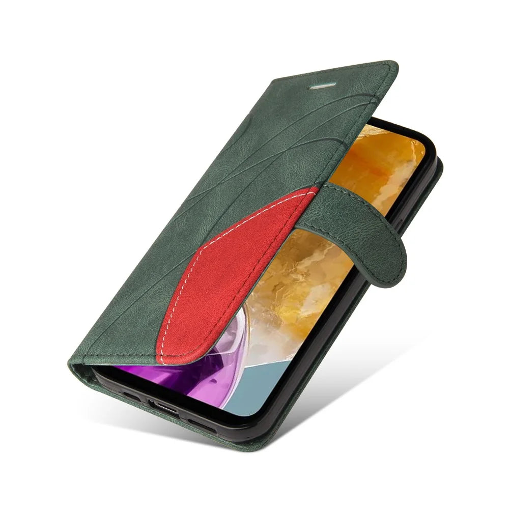 For Samsung Galaxy M15 5G Leather Case Wallet Stand Color Splicing Phone Cover - Green - 5