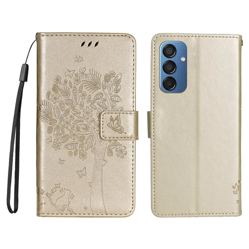 For Samsung Galaxy M15 5G Phone Case with Stand Cat Tree Pattern Leather Wallet Mobile Cover - Gold - 1
