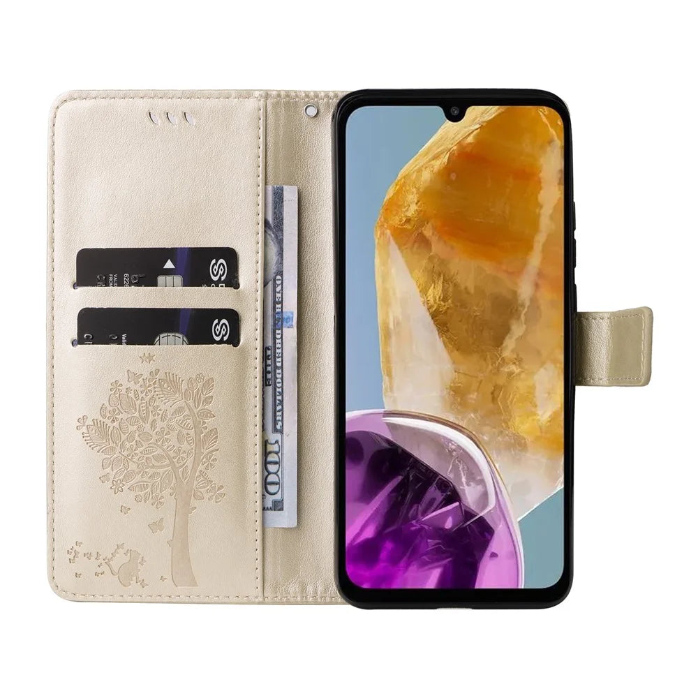 For Samsung Galaxy M15 5G Phone Case with Stand Cat Tree Pattern Leather Wallet Mobile Cover - Gold - 2