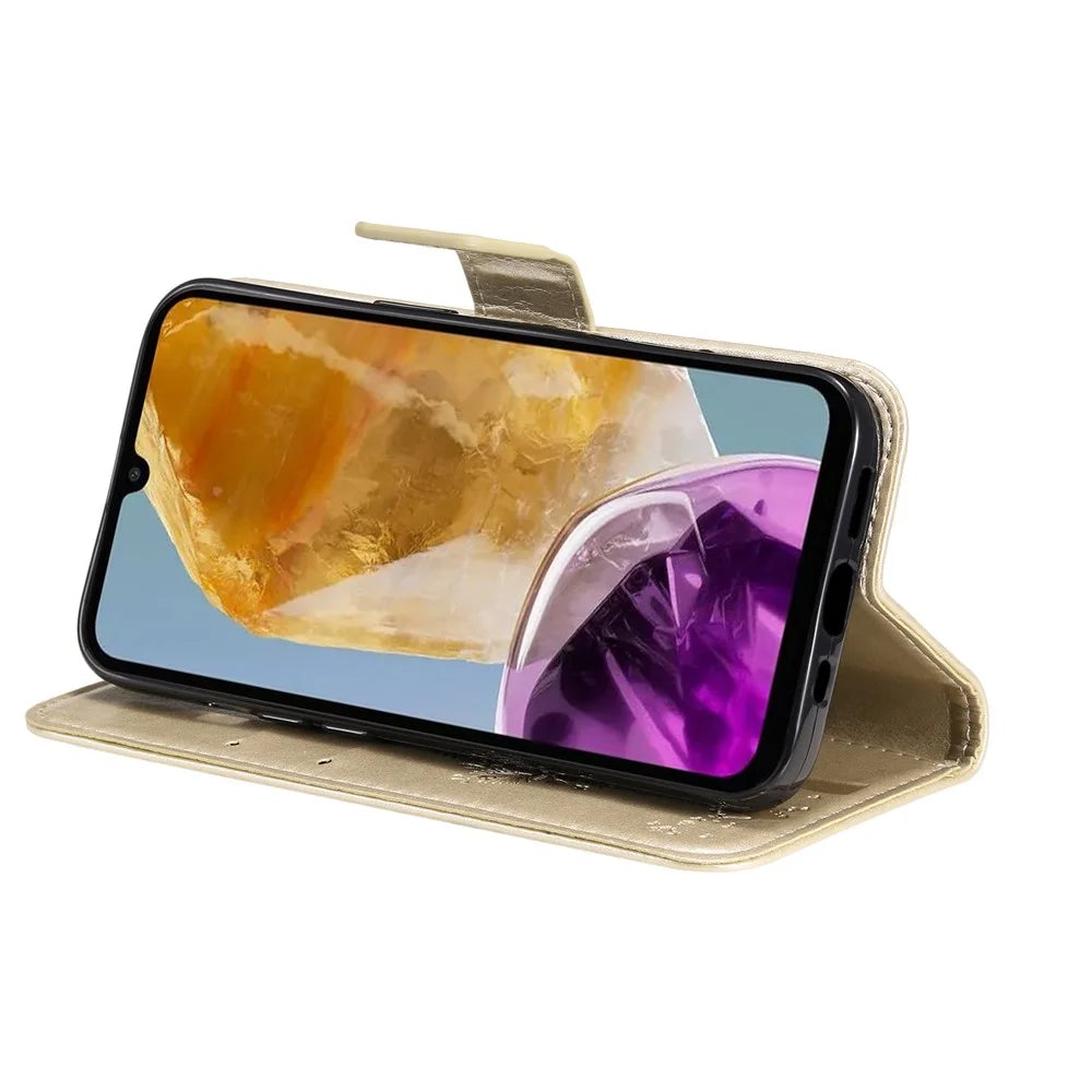 For Samsung Galaxy M15 5G Phone Case with Stand Cat Tree Pattern Leather Wallet Mobile Cover - Gold - 4