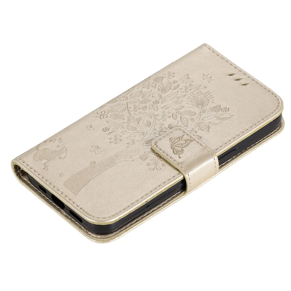 For Samsung Galaxy M15 5G Phone Case with Stand Cat Tree Pattern Leather Wallet Mobile Cover - Gold - 5