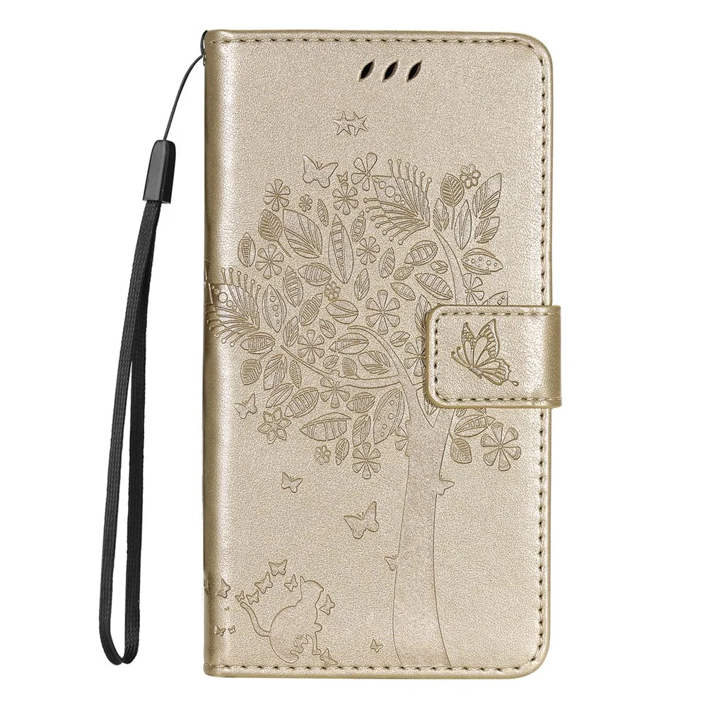 For Samsung Galaxy M15 5G Phone Case with Stand Cat Tree Pattern Leather Wallet Mobile Cover - Gold - 6