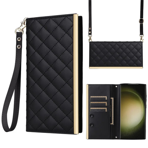 For Samsung Galaxy S23 Ultra Crossbody Case Suction Cup PU Leather Wallet Phone Cover - Black - 1