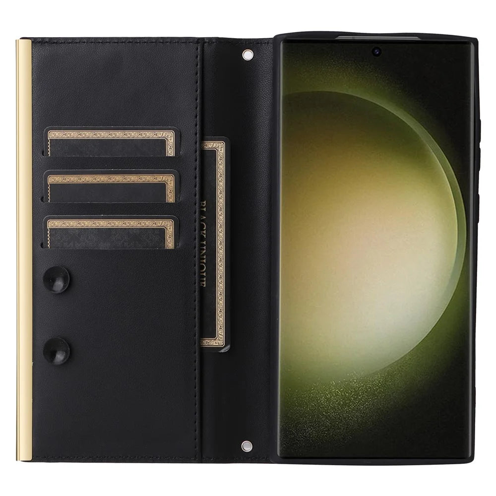 For Samsung Galaxy S23 Ultra Crossbody Case Suction Cup PU Leather Wallet Phone Cover - Black - 2