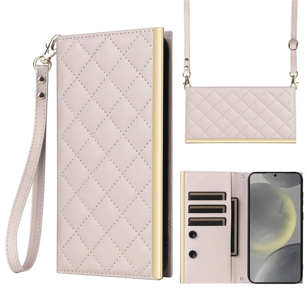 For Samsung Galaxy S24+ Case Suction Cup PU Leather Wallet Phone Cover with Straps - Beige - 1