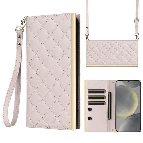 For Samsung Galaxy S24+ Case Suction Cup PU Leather Wallet Phone Cover with Straps - Beige - 1