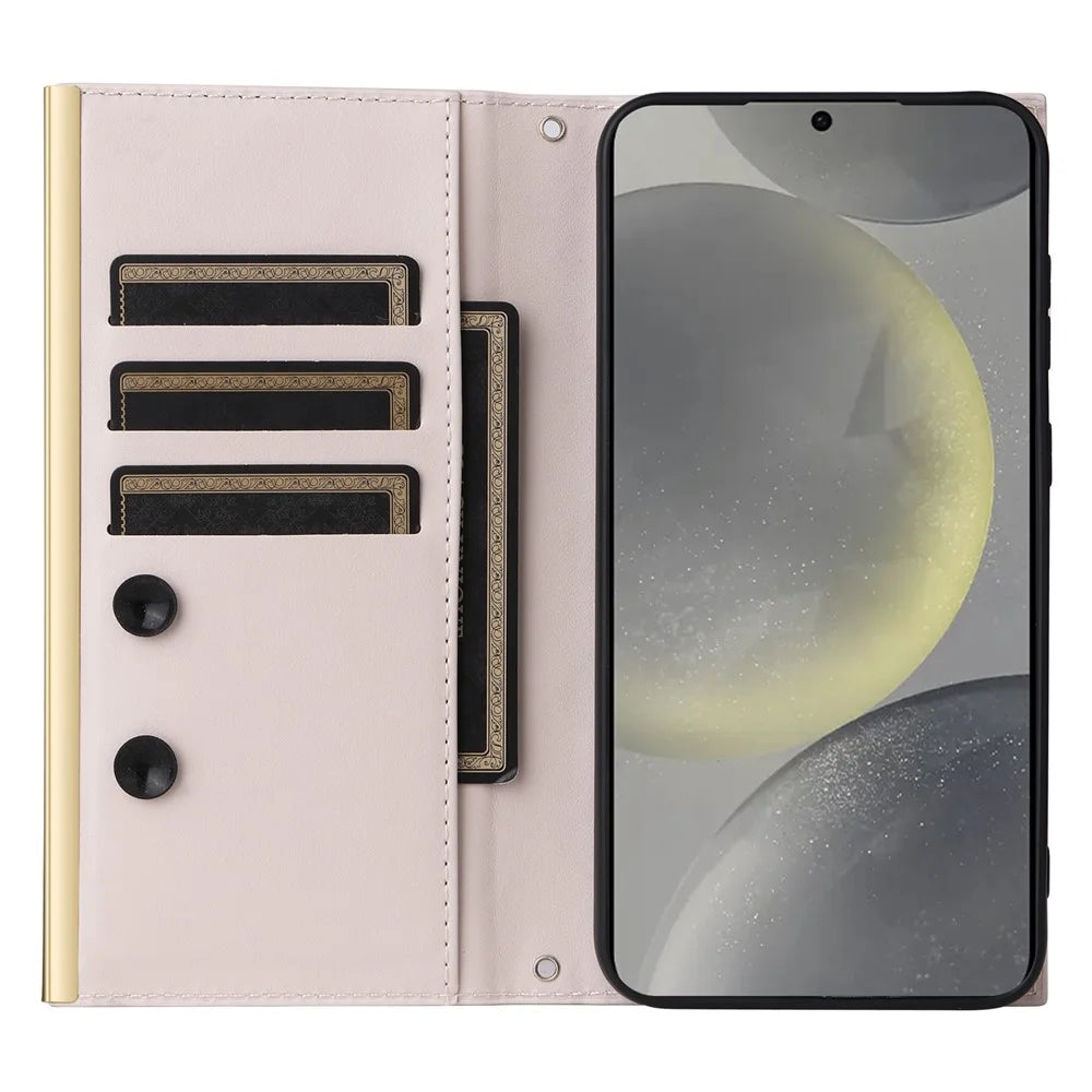 For Samsung Galaxy S24+ Case Suction Cup PU Leather Wallet Phone Cover with Straps - Beige - 2