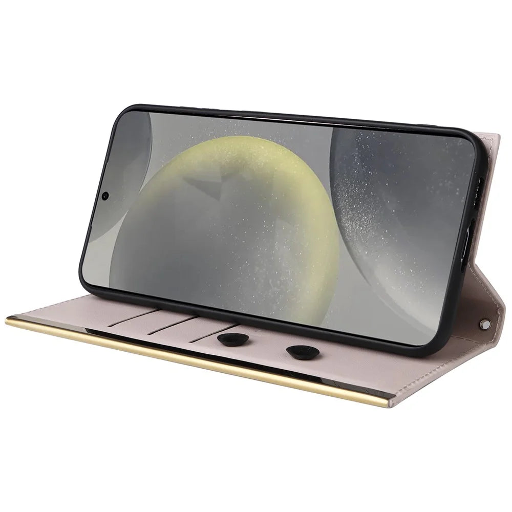 For Samsung Galaxy S24+ Case Suction Cup PU Leather Wallet Phone Cover with Straps - Beige - 3