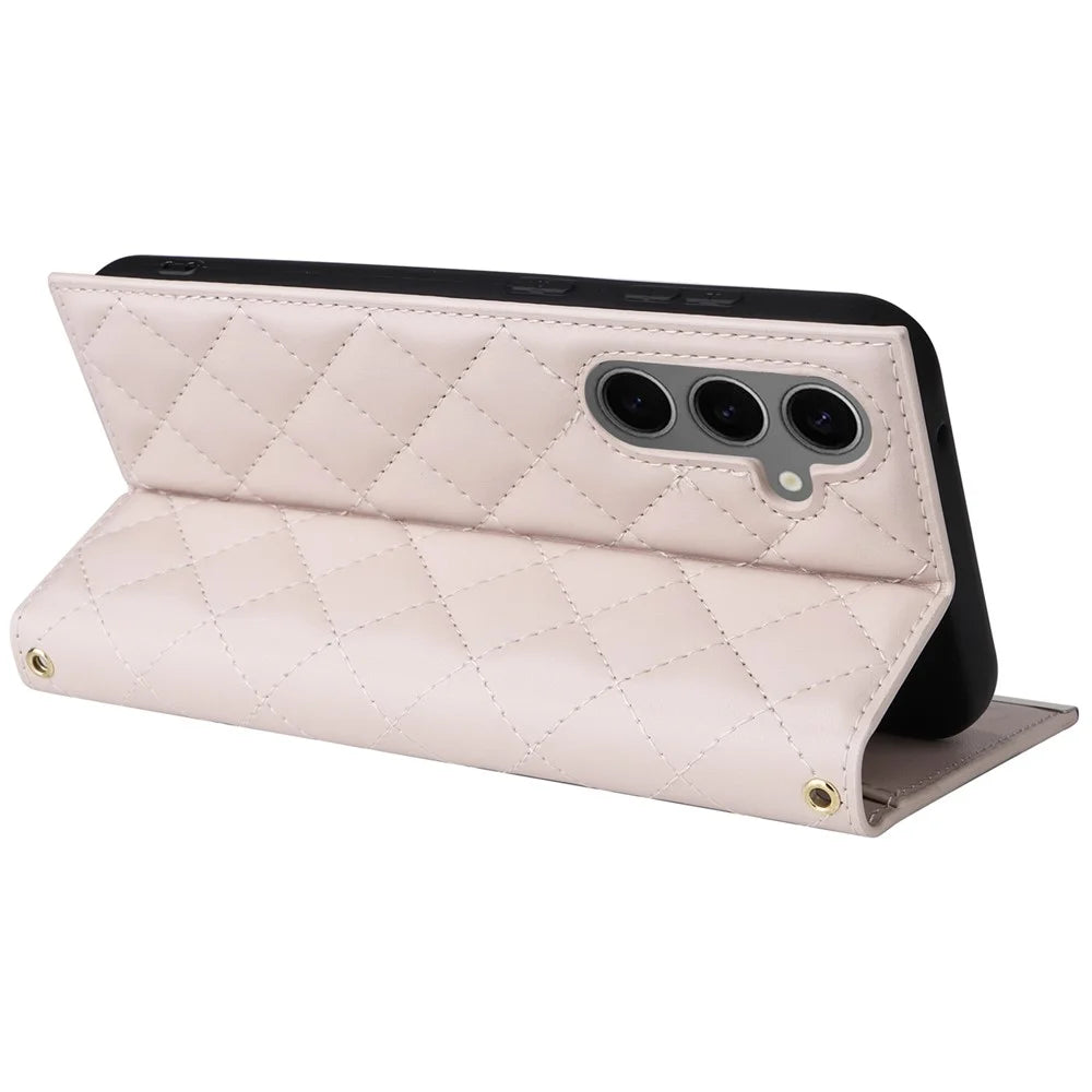 For Samsung Galaxy S24+ Case Suction Cup PU Leather Wallet Phone Cover with Straps - Beige - 4
