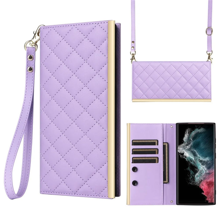 For Samsung Galaxy S22 Ultra 5G Wallet Case PU Leather Flip Phone Cover with Shoulder Strap - Purple - 1
