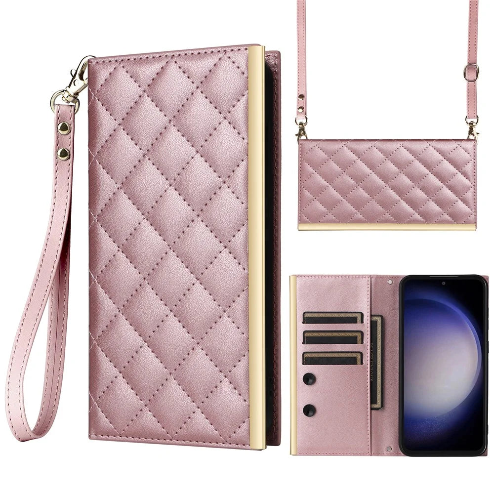 For Samsung Galaxy S23 FE Case PU Leather Suction Cup Phone Cover with Shoulder Strap - Rose Gold - 1