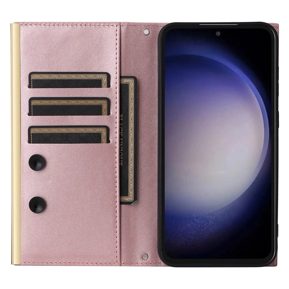 For Samsung Galaxy S23 FE Case PU Leather Suction Cup Phone Cover with Shoulder Strap - Rose Gold - 2