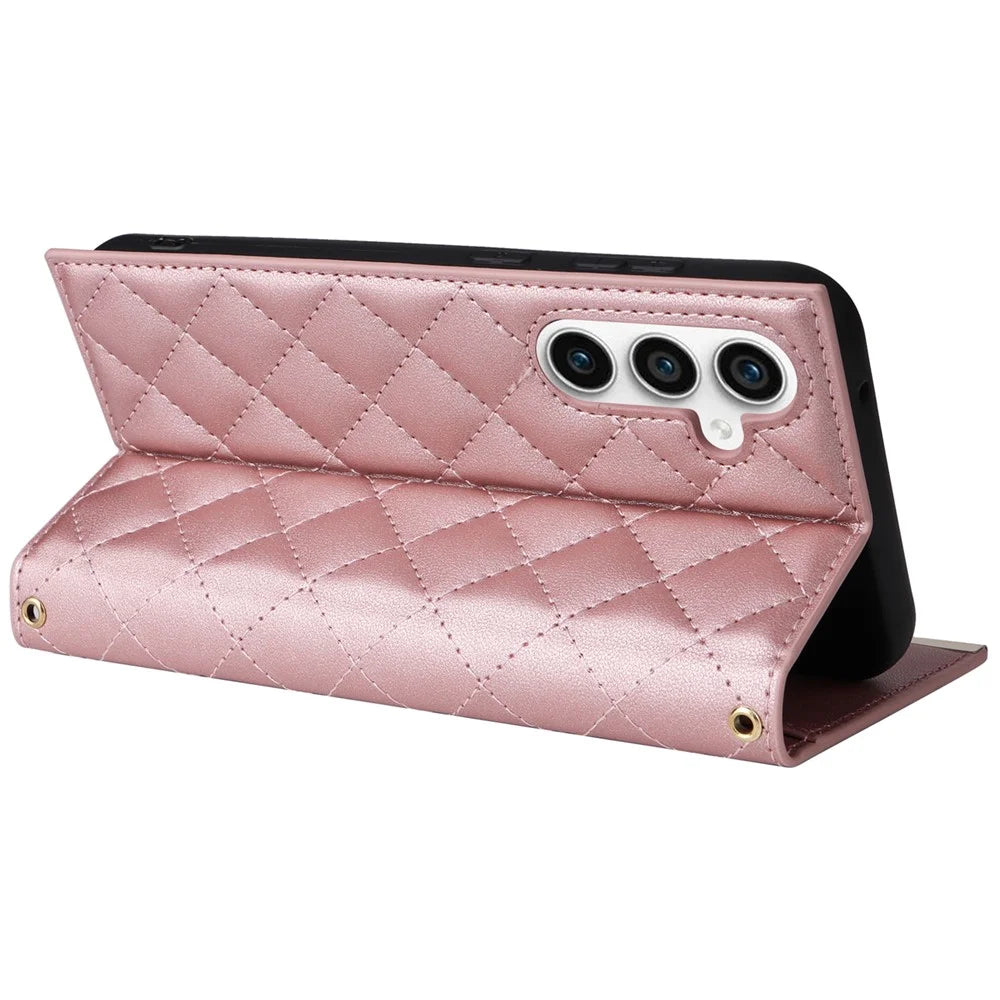 For Samsung Galaxy S23 FE Case PU Leather Suction Cup Phone Cover with Shoulder Strap - Rose Gold - 4