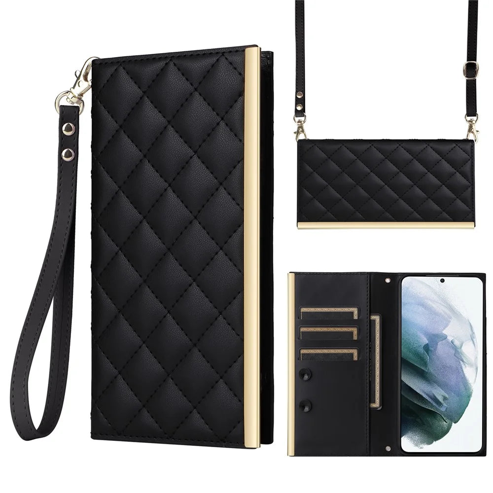 For Samsung Galaxy S21 5G / 4G Case PU Leather Stand Wallet Phone Cover with Shoulder Strap - Black - 1