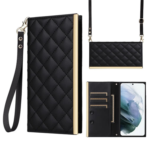 For Samsung Galaxy S21 5G / 4G Case PU Leather Stand Wallet Phone Cover with Shoulder Strap - Black - 1