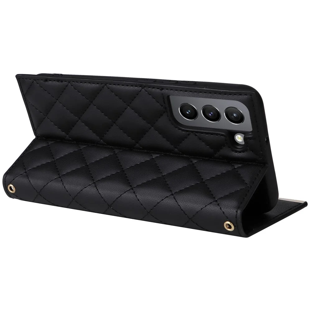For Samsung Galaxy S21 5G / 4G Case PU Leather Stand Wallet Phone Cover with Shoulder Strap - Black - 4