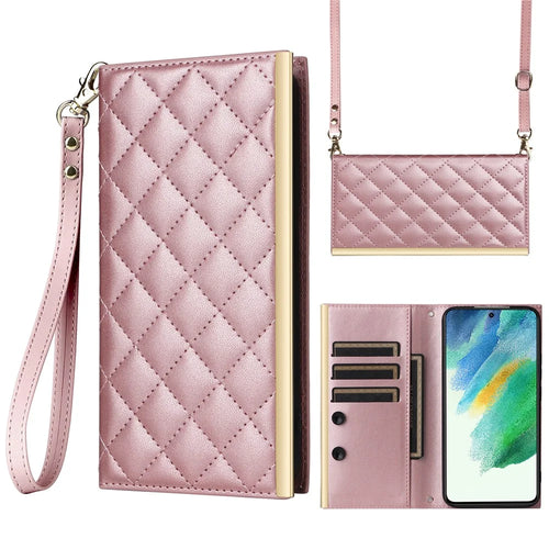 For Samsung Galaxy S21 FE 5G Leather Case Suction Cup 3 Card Slots Phone Cover - Rose Gold - 1