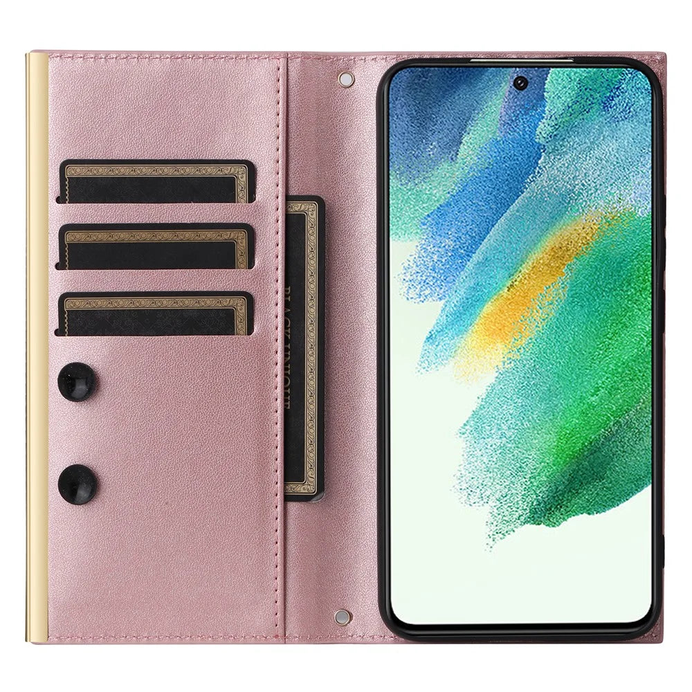 For Samsung Galaxy S21 FE 5G Leather Case Suction Cup 3 Card Slots Phone Cover - Rose Gold - 2