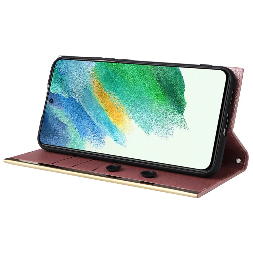 For Samsung Galaxy S21 FE 5G Leather Case Suction Cup 3 Card Slots Phone Cover - Rose Gold - 3