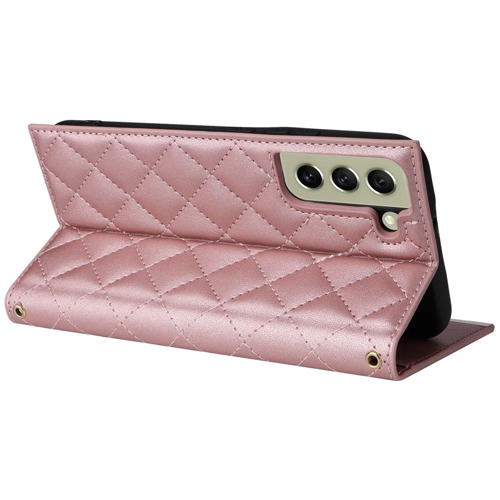 For Samsung Galaxy S21 FE 5G Leather Case Suction Cup 3 Card Slots Phone Cover - Rose Gold - 4