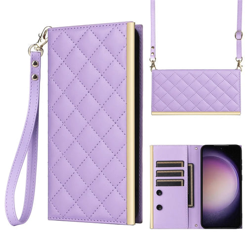 For Samsung Galaxy S23 Leather Case Suction Cup Wallet Flip Phone Cover with Shoulder Strap - Purple - 1