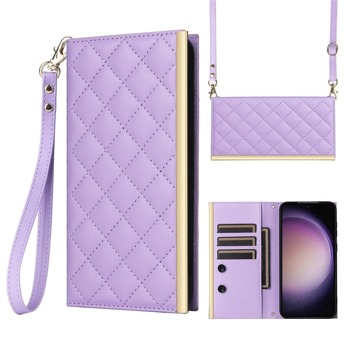 For Samsung Galaxy S23 Leather Case Suction Cup Wallet Flip Phone Cover with Shoulder Strap - Purple - 1