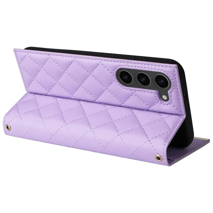 For Samsung Galaxy S23 Leather Case Suction Cup Wallet Flip Phone Cover with Shoulder Strap - Purple - 3