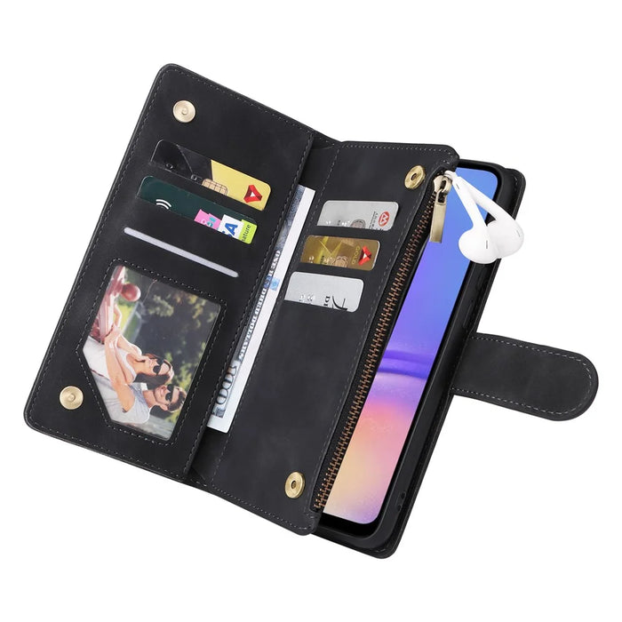 For Samsung Galaxy A05 4G Case Multiple Card Slots Anti-fall Zipper Pocket Leather Phone Cover - Black - 4