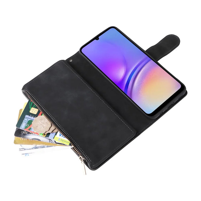 For Samsung Galaxy A05 4G Case Multiple Card Slots Anti-fall Zipper Pocket Leather Phone Cover - Black - 5