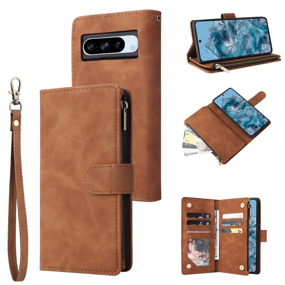 For Google Pixel 8a Cell Phone Case Zipper Wallet Card Holder Leather Drop-proof Cover - Brown - 1