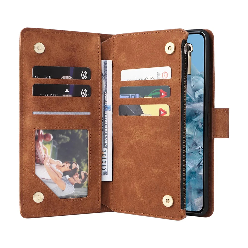 For Google Pixel 8a Cell Phone Case Zipper Wallet Card Holder Leather Drop-proof Cover - Brown - 2