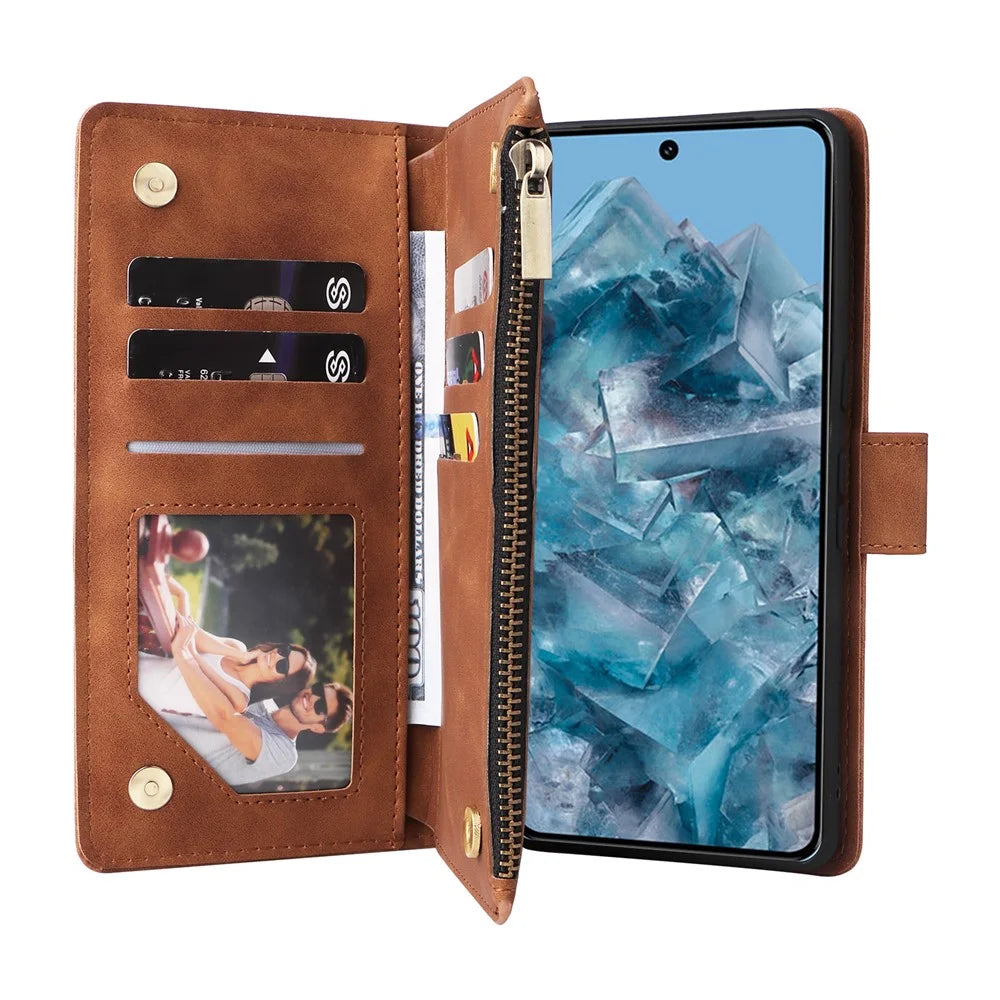 For Google Pixel 8a Cell Phone Case Zipper Wallet Card Holder Leather Drop-proof Cover - Brown - 3