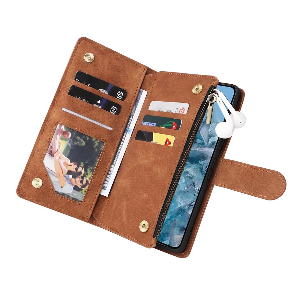 For Google Pixel 8a Cell Phone Case Zipper Wallet Card Holder Leather Drop-proof Cover - Brown - 4